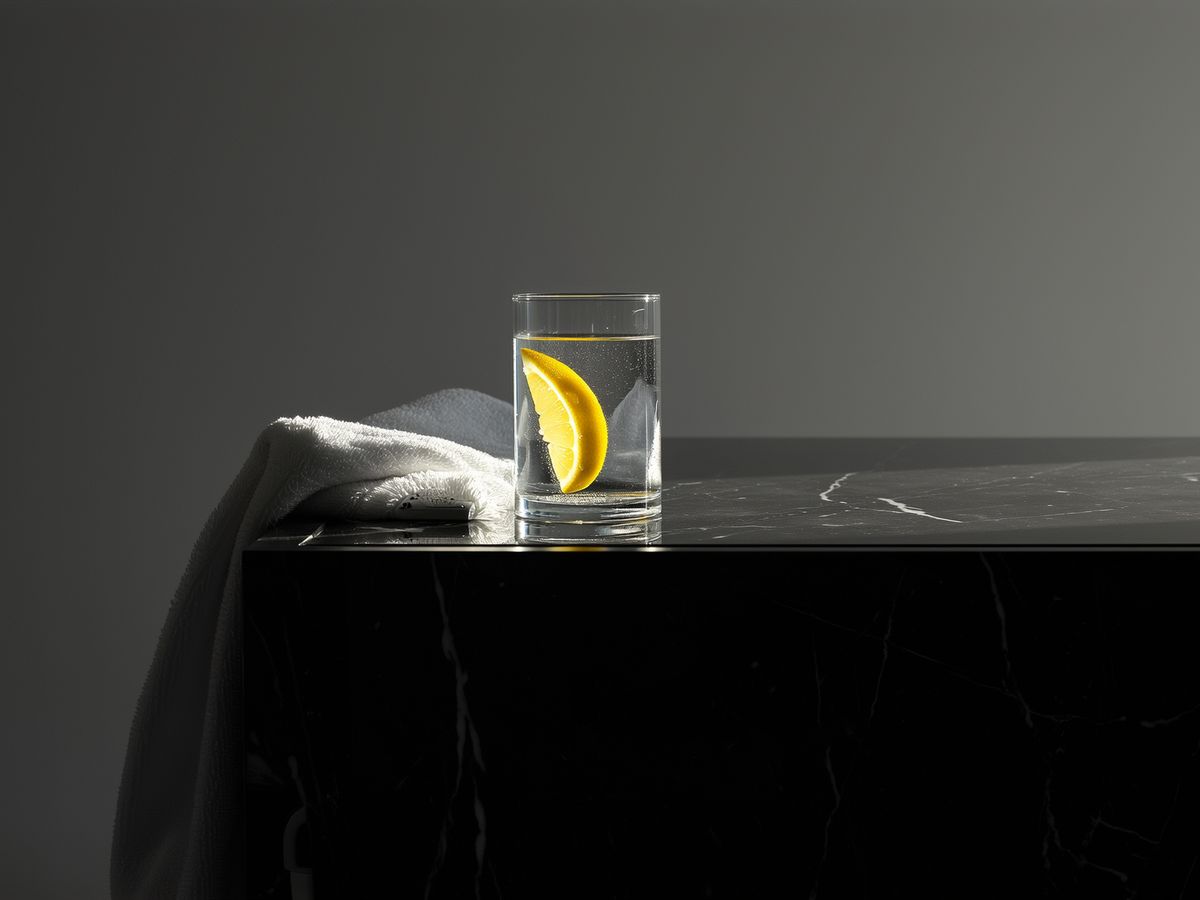 A glass of water on black marble in morning light
