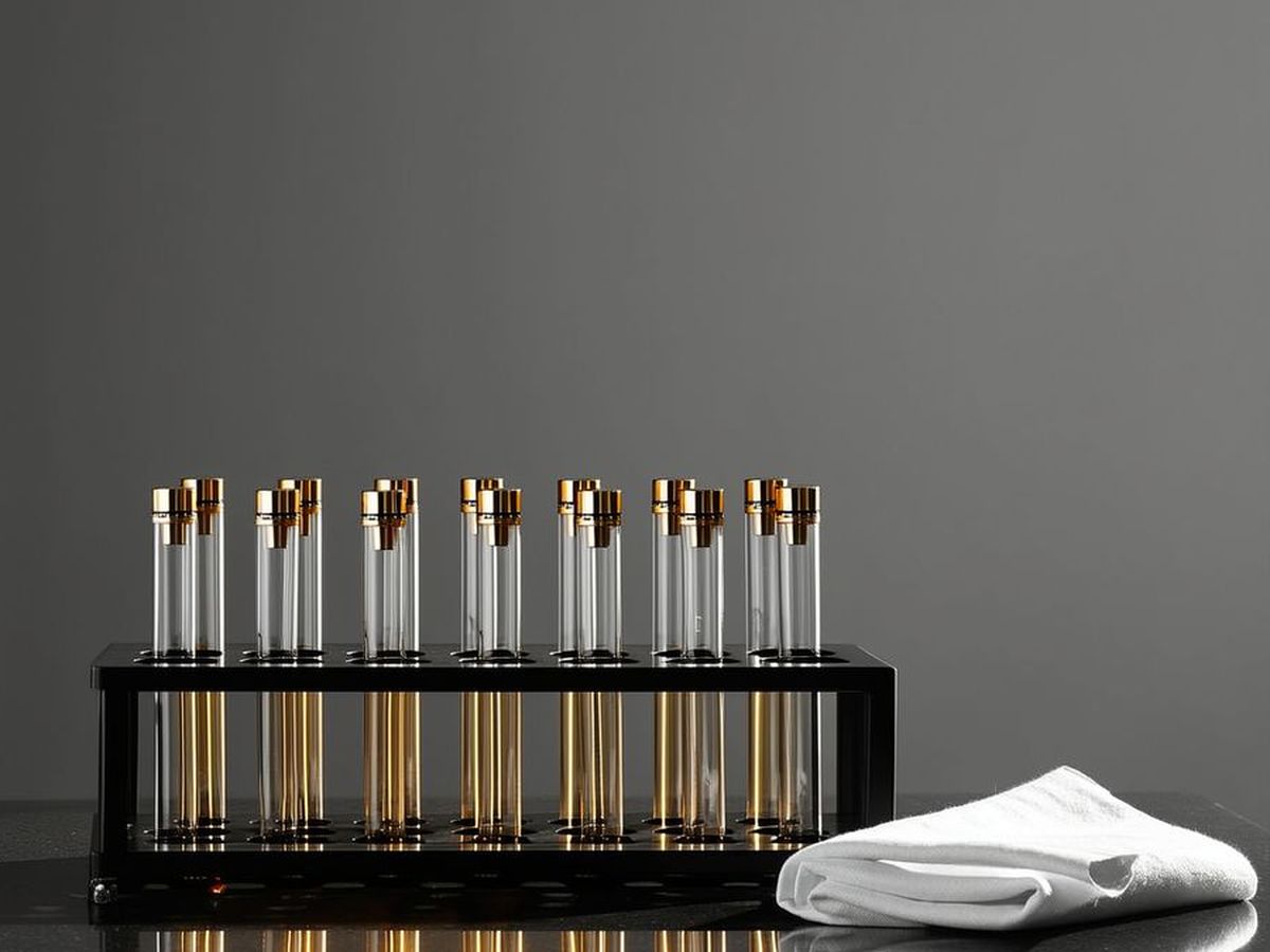 Empty gold-capped collection tubes in a black rack