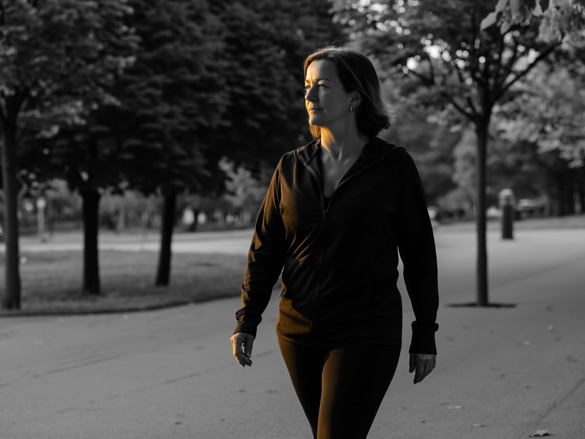 A woman walking briskly along a tree-lined path at sunrise